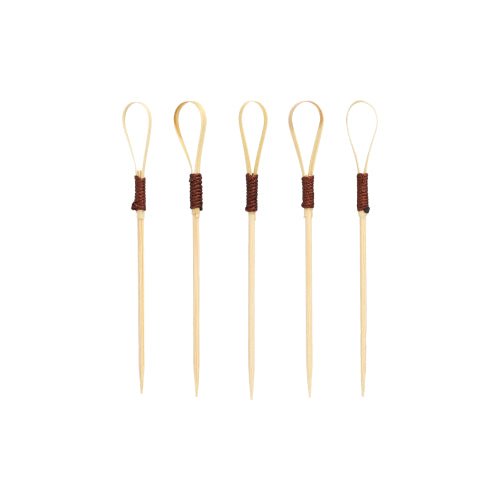Forty PAPSTAR finger food picks 10 cm "Loop" cocktail picks from PAPSTAR GmbH, ideal for snacks and finger food, feature a unique loop design with dark brown wrapped sections arranged upright against a plain white background.