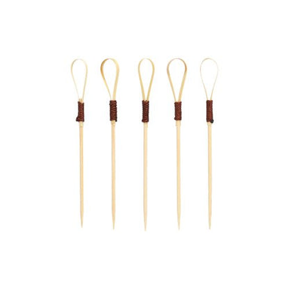 Forty PAPSTAR finger food picks 10 cm "Loop" cocktail picks from PAPSTAR GmbH, ideal for snacks and finger food, feature a unique loop design with dark brown wrapped sections arranged upright against a plain white background.