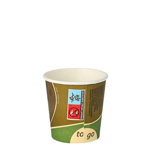 The Starpak paper drinking cup "To Go" (0.1 l, Ø 6.3 cm, 6 cm) impresses with its green-brown design and the inscription "To Go". Delivered empty in packs of 80 in shrink wrap; not microwave safe. Isolated on a white background.