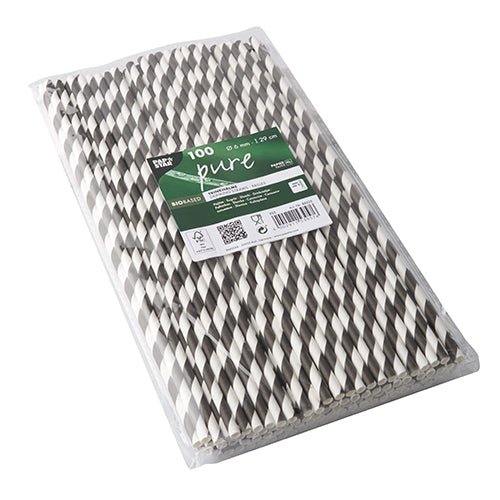 A transparent plastic packaging with 100 PAPSTAR 100 straws, paper Ø 6 mm from PAPSTAR GmbH with a green label featuring product details, brand name, and eco-friendly symbols.