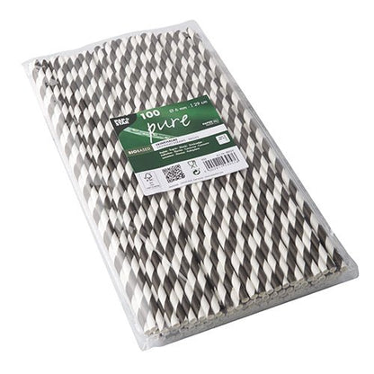 A transparent plastic packaging with 100 PAPSTAR 100 straws, paper Ø 6 mm from PAPSTAR GmbH with a green label featuring product details, brand name, and eco-friendly symbols.