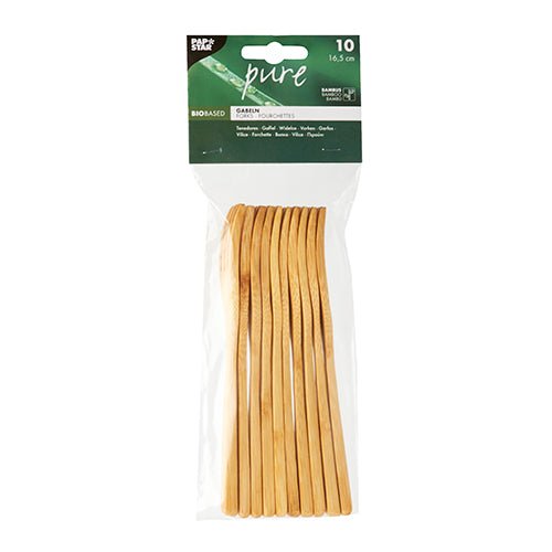 10 pieces of PAPSTAR bamboo forks "pure", 16.5 cm, with a green-white label from PAPSTAR GmbH - an ideal environmentally friendly cutlery for any eco-conscious event.