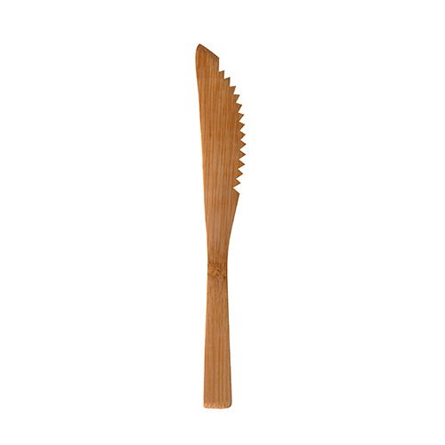 The PAPSTAR bamboo knife "pure" (16 cm) from PAPSTAR GmbH, environmentally friendly and stable, is shown against a white background - a practical disposable knife in a pack of 10 pieces.