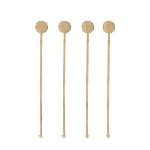 Four PAPSTAR 100 bamboo drink stirrers "pure" from the brand PAPSTAR GmbH with round, flat heads are arranged vertically in a row against a white background.
