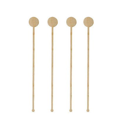 Four PAPSTAR 100 bamboo drink stirrers "pure" from the brand PAPSTAR GmbH with round, flat heads are arranged vertically in a row against a white background.
