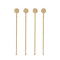 Four PAPSTAR 100 bamboo drink stirrers "pure" from the brand PAPSTAR GmbH with round, flat heads are arranged vertically in a row against a white background.