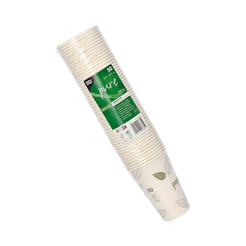 The PAPSTAR 50 drinking cups, cardboard "pure" "ZERO" from PAPSTAR GmbH are packed in clear foil with a green label and feature biodegradable cups with a simple leaf pattern made from sustainable materials.