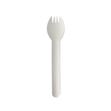 A single white PAPSTAR spork "pure" (16 cm) made of environmentally friendly, robust material is centered on a white background. The disposable tableware from PAPSTAR GmbH combines spoon and fork features with a round bowl and three prongs.
