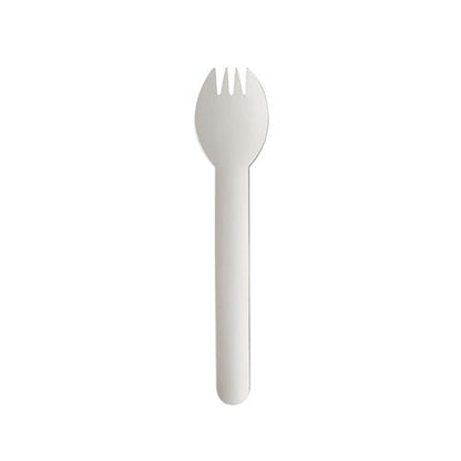 A single white PAPSTAR spork "pure" (16 cm) made of environmentally friendly, robust material is centered on a white background. The disposable tableware from PAPSTAR GmbH combines spoon and fork features with a round bowl and three prongs.