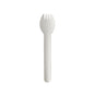 A single white PAPSTAR spork "pure" (16 cm) made of environmentally friendly, robust material is centered on a white background. The disposable tableware from PAPSTAR GmbH combines spoon and fork features with a round bowl and three prongs.