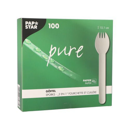 A white PAPSTAR Pure box with German and French labeling contains 100 environmentally friendly, sturdy sporks from PAPSTAR GmbH, each 16 cm long. A spork is depicted on the box.