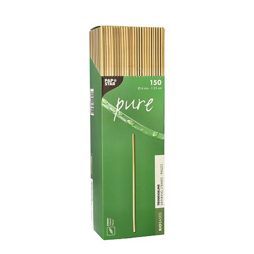 A green box from PAPSTAR GmbH with the inscription "Straws pure" contains 150 biodegradable straws (Ø 4 mm, 23 cm). The eco-friendly packaging features a single straw vertically on the front.