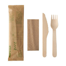 The PAPSTAR cutlery set wood "pure" by PAPSTAR GmbH contains a knife, fork, and napkin made of wood in a paper bag - ideal for sustainable events.
