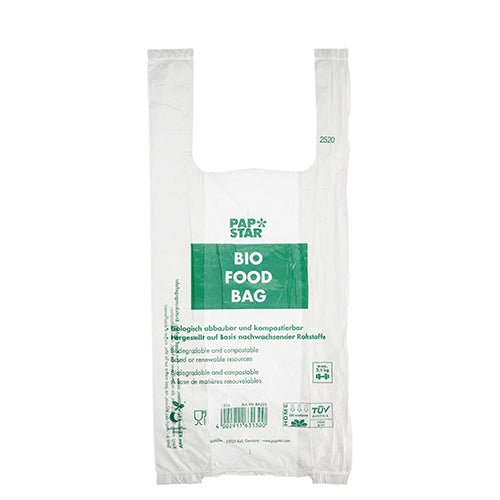 The transparent PAPSTAR knot bag on a roll (47x22 cm, 150 pieces) from PAPSTAR GmbH is made of biodegradable bio-film and features a banderole with product information in multiple languages.