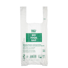 The transparent PAPSTAR knot bag on a roll (47x22 cm, 150 pieces) from PAPSTAR GmbH is made of biodegradable bio-film and features a banderole with product information in multiple languages.