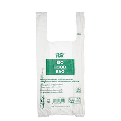The transparent PAPSTAR knot bag on a roll (47x22 cm, 150 pieces) from PAPSTAR GmbH is made of biodegradable bio-film and features a banderole with product information in multiple languages.