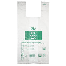 The 100 shirt carrier bags of PAPSTAR GmbH are transparent, biodegradable bio-film knot bags on a roll with green "PAP STAR BIO FOOD BAG" text and multilingual information about compostability and renewable raw materials.