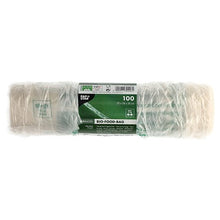 A roll of 100 PAPSTAR shirt carrier bags made of transparent bio-film (knot bags) is packaged in film and bears a green and white label with product details and environmentally friendly symbols.
