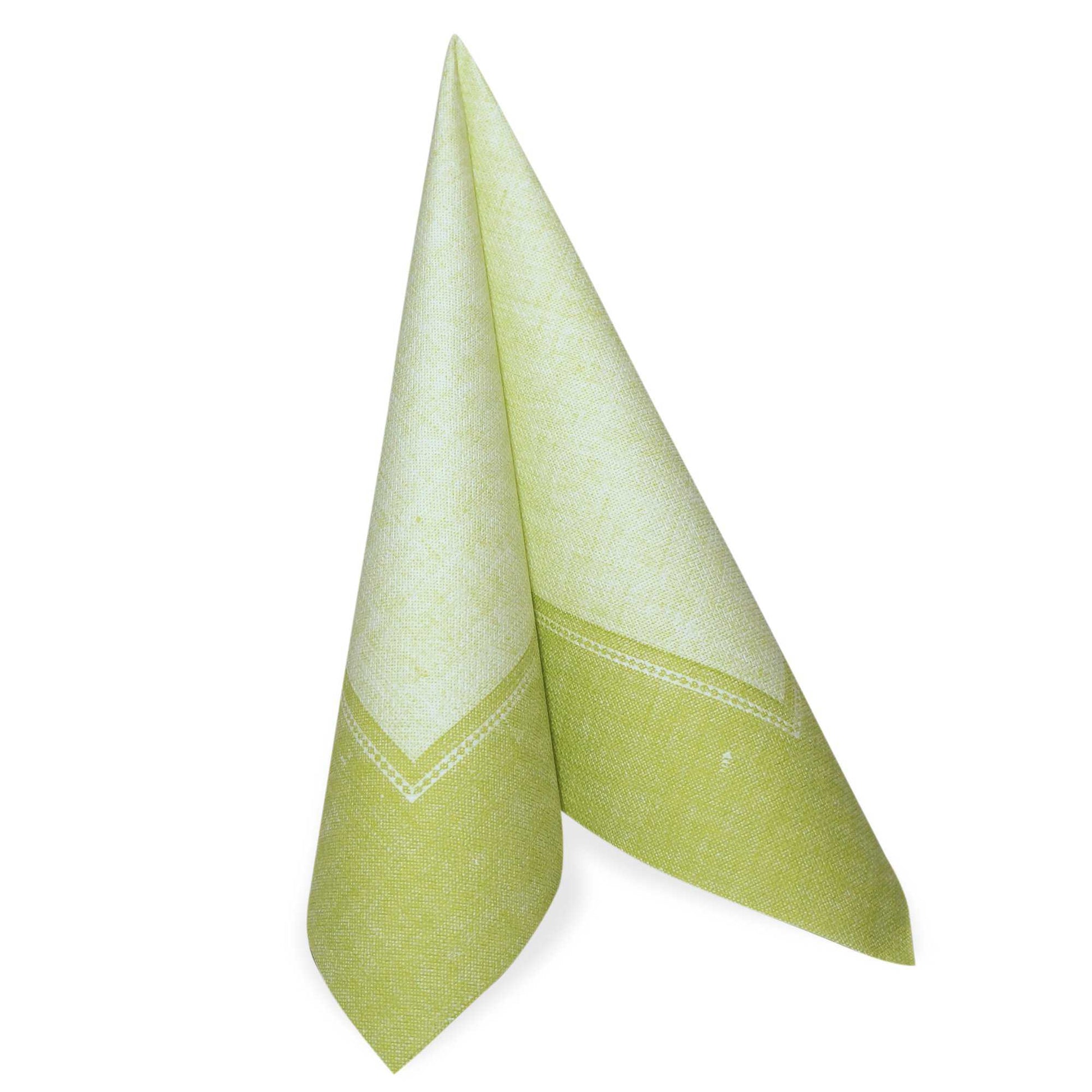 The napkin PAPSTAR GmbH 50 napkins "ROYAL Collection" 1/4-fold green (40 x 40 cm) stands upright with two pointed ends, has a light green border and visible seams.