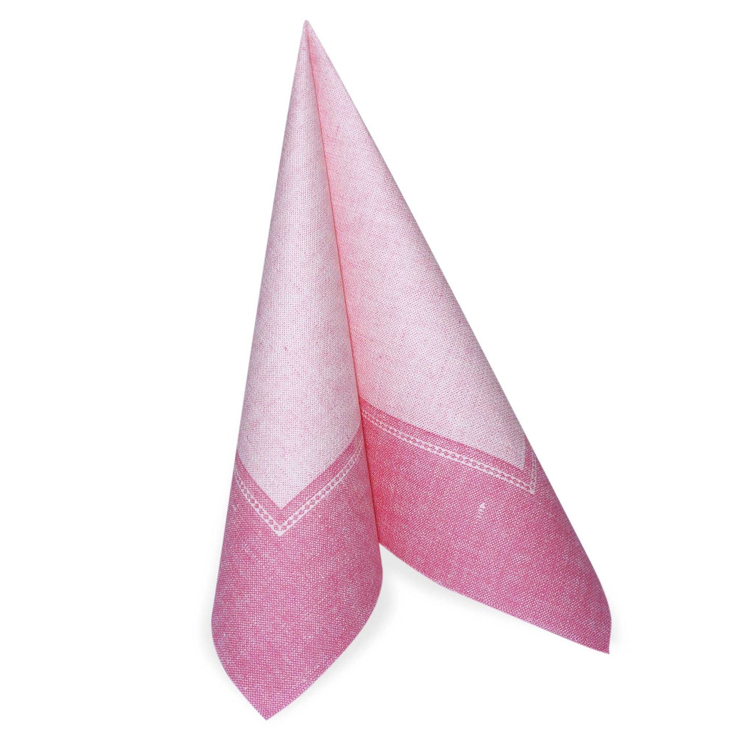 A pink PAPSTAR GmbH "ROYAL Collection" napkin (40 x 40 cm, 1/4-fold, pink) with a light pink edge is folded upright and pointed on a white background.