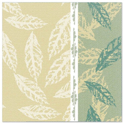 A stylish square napkin from PAPSTAR GmbH with overlapping leaf silhouettes in beige and teal, divided by a white stripe. Part of the "ROYAL Collection", 40x40 cm, 1/4-fold, green-ideal for festive occasions. Contains 50 napkins.