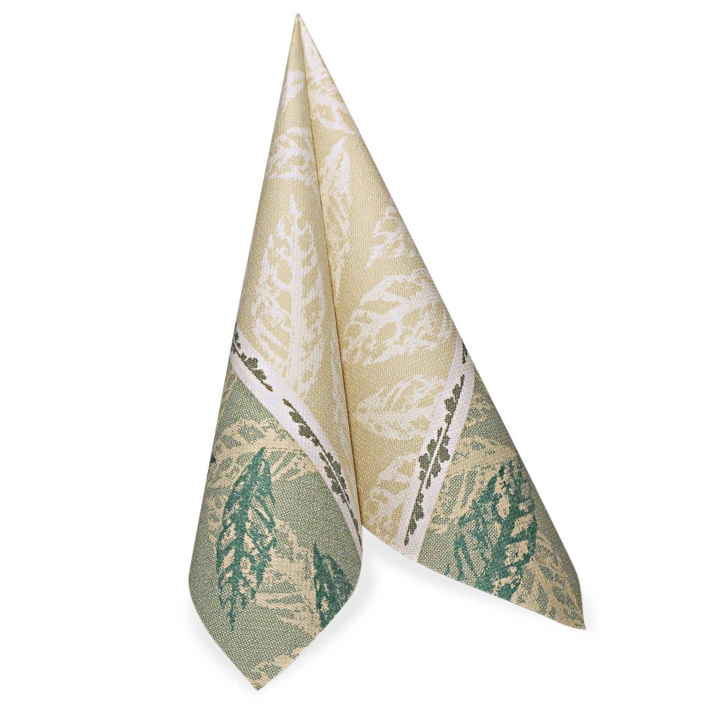 A napkin from PAPSTAR GmbH from the "ROYAL Collection", 40 x 40 cm, 1/4-fold in green, stands upright against a white background. The package contains 50 napkins.