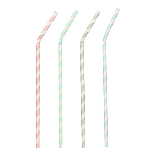Four pastel-colored PAPSTAR 100 paper straws (Ø 6 mm) by PAPSTAR GmbH are lined up on a white background. The eco-friendly straws have a flexible tip and are available in pink, green, gray, and blue.