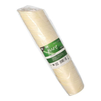 A pack of 50 PAPSTAR wood "pure" snack cups (7.2 cm high) from PAPSTAR GmbH, packaged in transparent foil with a green-white label – perfect for eco-friendly serving of snacks.