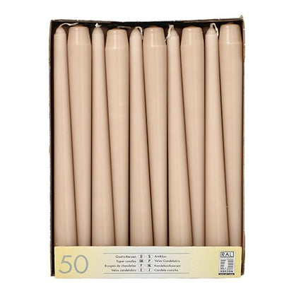 A box with Starpak 50 taper candles (Ø 2.2 cm - 25 cm), arranged upright in a row, with a bottom label stating "50 pieces", multilingual text, and a note on the long burning time.
