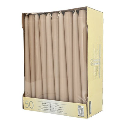 A box with Starpak 50 taper candles Ø 2.2 cm - 25 cm, neatly arranged upright in rows, with a cut-out section revealing the white candles inside.