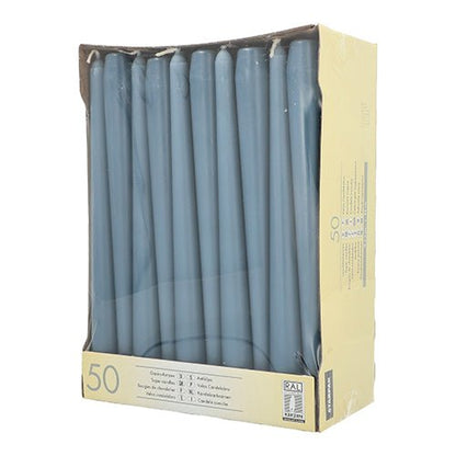 A beige Starpak box contains 50 white taper candles (Ø 2.2 cm - 25 cm) with long burn time. The candles are arranged upright in two rows and visible through a clear window on the front of the packaging.
