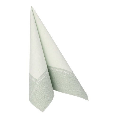 A light green and white fabric-like napkin from the ROYAL Collection of PAPSTAR GmbH, 40 x 40 cm, folded into a standing triangle with two pointed edges; Product: PAPSTAR 50 napkins "ROYAL Collection" 1/4-fold green.
