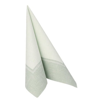 A light green and white fabric-like napkin from the ROYAL Collection of PAPSTAR GmbH, 40 x 40 cm, folded into a standing triangle with two pointed edges; Product: PAPSTAR 50 napkins "ROYAL Collection" 1/4-fold green.