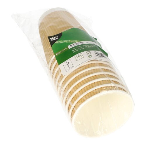A stack of PAPSTAR GmbH drinking cups cardboard (Ø 9 cm, 11 cm high, ripple wall) in clear plastic wrap with a green-white label with product information and symbols. The package contains 10 cups.