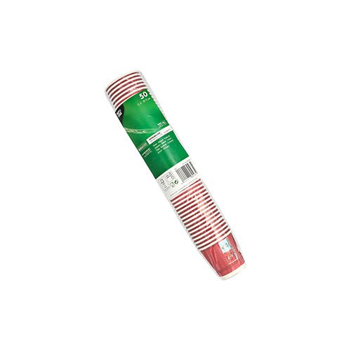 A sealed pack of 50 red PAPSTAR "Party Time" paper cups (5 cl) from PAPSTAR GmbH - perfect disposable cups for any party, here with a green label on a white background.