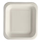 The PAPSTAR 50 sealing bowls made from sugarcane (4.2 x 24.5 x 26.5 cm), white and square with slightly rounded corners and raised edges, have a simple surface with a small embossed code near the top center.