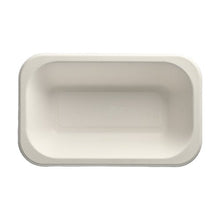 The PAPSTAR 100 sealing trays of PAPSTAR GmbH are white, rectangular disposable trays made from sugarcane. They feature rounded corners, a smooth surface, and an embossed symbol and number in the center for eco-friendly packaging.