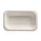 The PAPSTAR 100 sealing trays of PAPSTAR GmbH are white, rectangular disposable trays made from sugarcane. They feature rounded corners, a smooth surface, and an embossed symbol and number in the center for eco-friendly packaging.