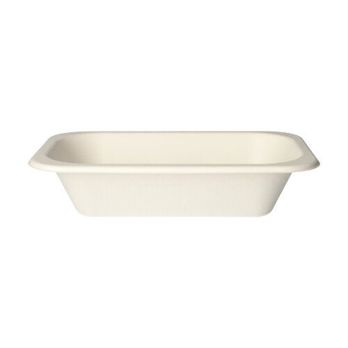 The PAPSTAR 100 sealing trays of PAPSTAR GmbH are rectangular, flat, cream-colored disposable trays made from sugarcane with rounded corners and raised edges, offering eco-friendly packaging.