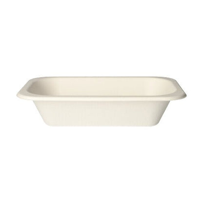 The PAPSTAR 100 sealing trays of PAPSTAR GmbH are rectangular, flat, cream-colored disposable trays made from sugarcane with rounded corners and raised edges, offering eco-friendly packaging.
