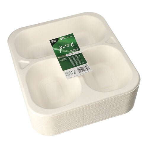 A pack of 50 white PAPSTAR sugarcane plates (4.2 x 24.5 x 26.5 cm), three-part, eco-friendly and labeled with 'pure' – perfect as sustainable food packaging.