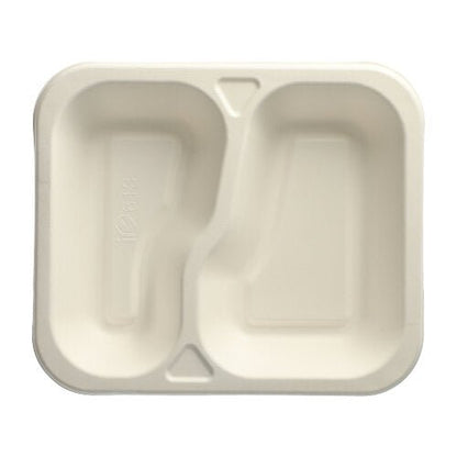 The PAPSTAR GmbH 100 sealable sugarcane trays are white, rectangular disposable trays with 2-compartment division and rounded corners - perfect for catering as eco-friendly disposable tableware.