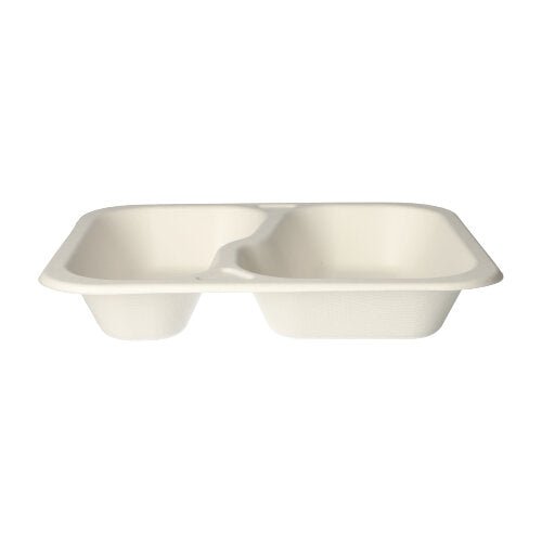 The PAPSTAR 100 sealable, sugarcane 2-compartment, white trays from PAPSTAR GmbH are biodegradable, white rectangular trays with two compartments and rounded edges - ideal for catering and easy food serving.