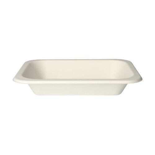 The 100 sealing trays of PAPSTAR GmbH are simple, rectangular, flat white trays made from eco-friendly sugarcane with rounded corners and slightly raised edges.