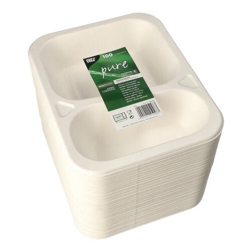 A stack of white PAPSTAR 100 sealable sugarcane trays, 2-compartment and plastic-wrapped. The green-white label of PAPSTAR GmbH indicates 100 eco-friendly disposable trays for catering.