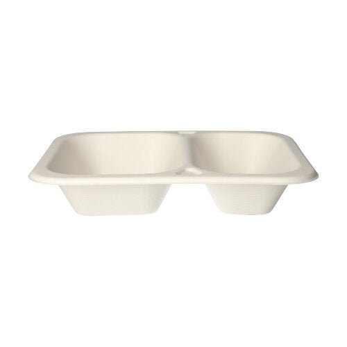 The PAPSTAR 100 sealable, sugarcane 2-compartment, white trays from PAPSTAR GmbH are rectangular, white disposable food containers with two compartments - made from eco-friendly sugarcane for sustainable catering and take-away events.