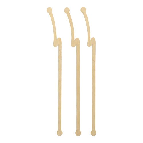 Three PAPSTAR 100 drink stirrers, bamboo "pure" from PAPSTAR GmbH are arranged side by side on a white background. Each environmentally friendly stirrer features a long straight handle with flat, curved ends and round tips.