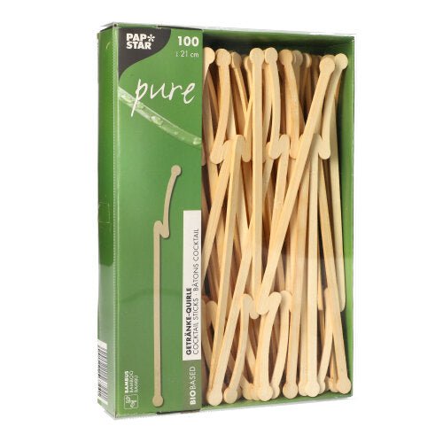 A green box with the inscription "PAPSTAR pure" from PAPSTAR GmbH contains 100 bamboo drink stirrers, each 12 cm long. The biodegradable stirrers are visible through a window on the front of the packaging.