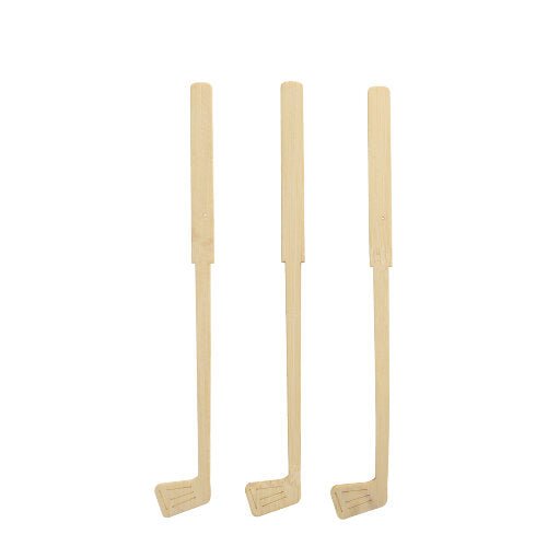 Three PAPSTAR 100 bamboo drink stirrers "pure" from PAPSTAR GmbH, shaped like golf clubs, stand upright in a row against a white background.