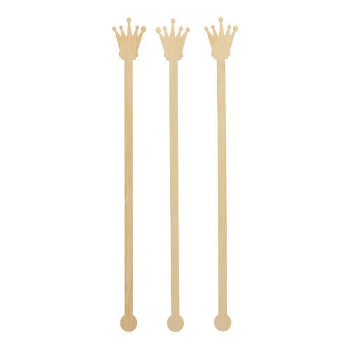 Three PAPSTAR 100 bamboo drink stirrers from PAPSTAR GmbH stand upright. Each simple stirrer has a crown-shaped tip, a round base, and is free from additional colors or decorations.